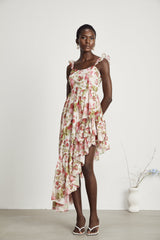Jada Midi Dress Strawberry Print Asymmetric White & Multicolor