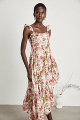 Jada Midi Dress Strawberry Print Asymmetric White & Multicolor