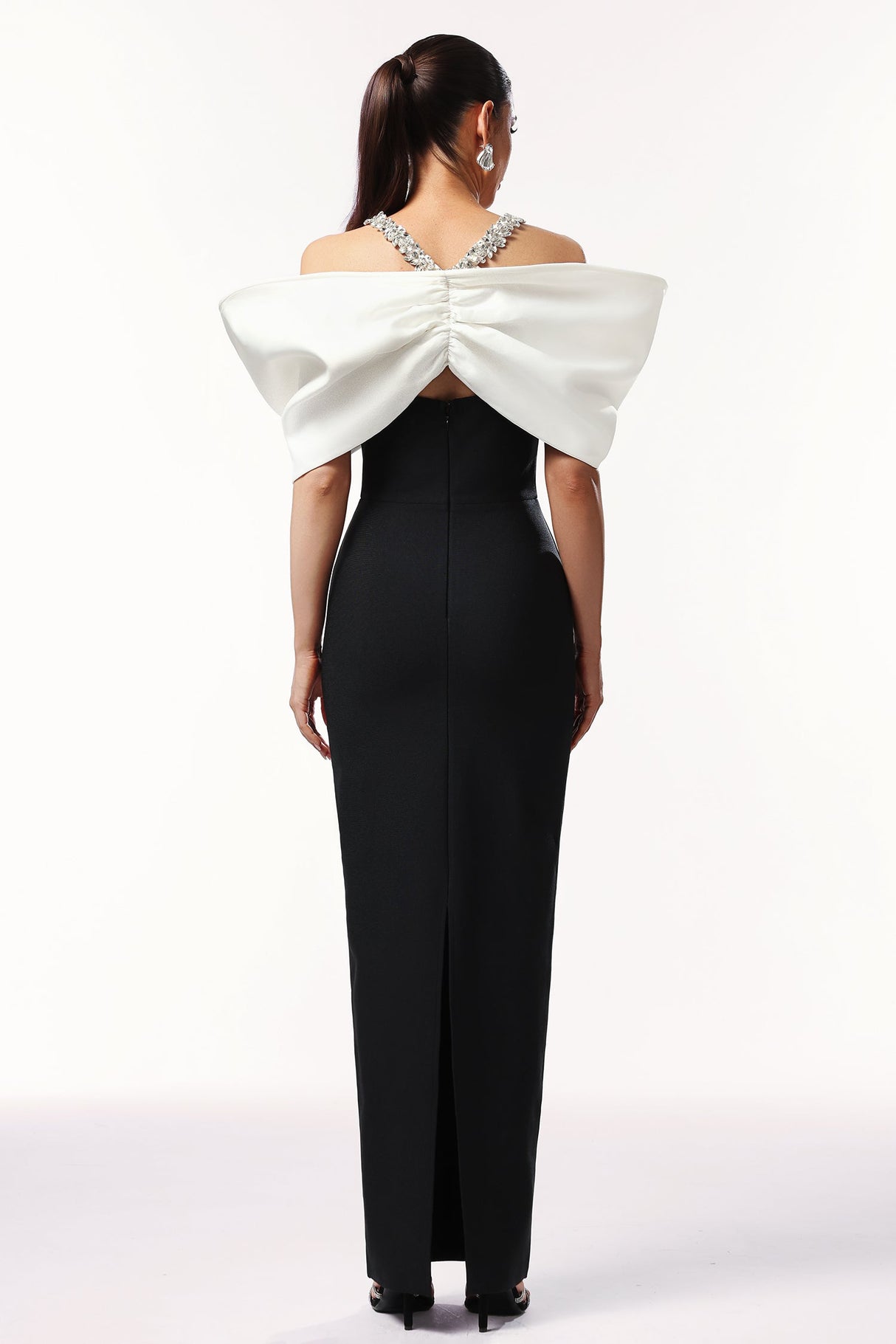 Jamie Black Off-Shoulder Bow Gown with Beaded Detailing
