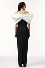 Jamie Black Off-Shoulder Bow Gown with Beaded Detailing