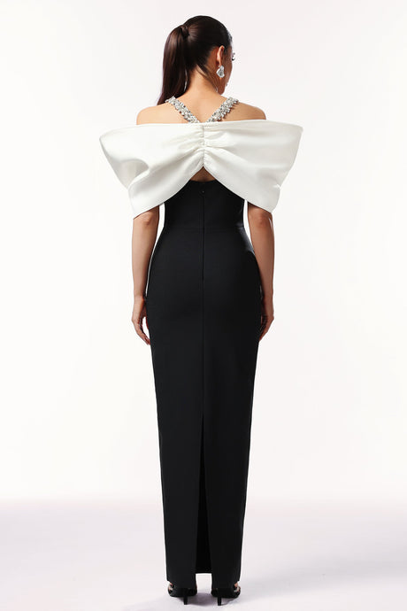 Jamie Black Off-Shoulder Bow Gown with Beaded Detailing