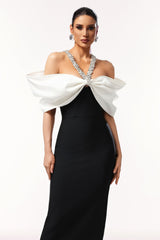 Jamie Black Off-Shoulder Bow Gown with Beaded Detailing