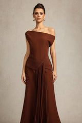 Jamie Brown Midi Dress with Oblique Shoulder and Pleated Waist Detail for Evening Events or Formal Gatherings