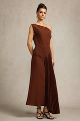 Jamie Brown Oblique Shoulder Midi Dress with Pleated Waist Detail for Evening Events and Formal Gatherings