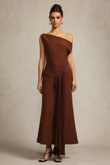 Jamie Brown Midi Dress Oblique Shoulder Elegant Draping Pleated Design Versatile Style Formal Gatherings Comfort Chic Fashion Functionality Timeless Piece