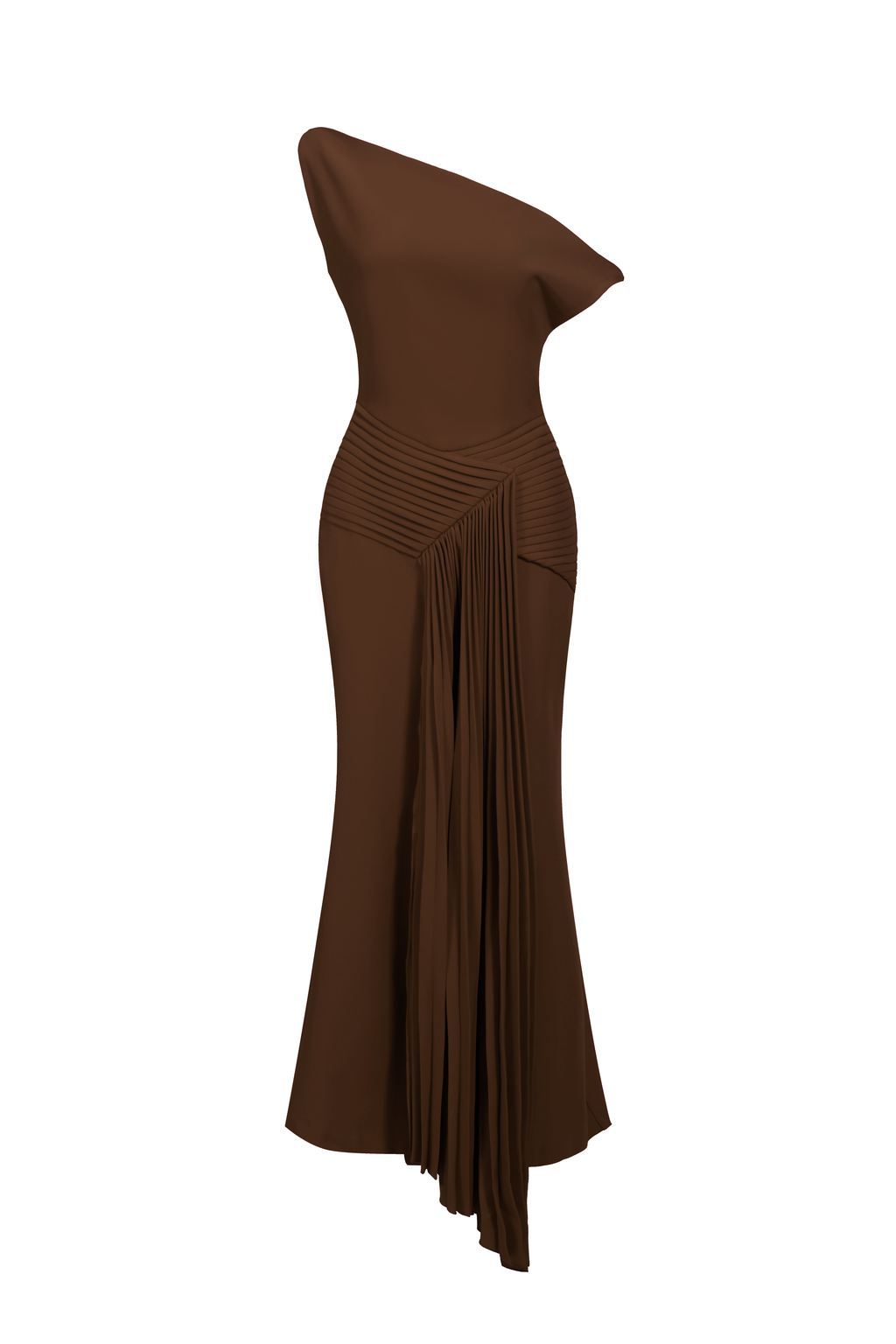 Jamie Brown Midi Dress with Oblique Shoulder and Pleated Waist Detail