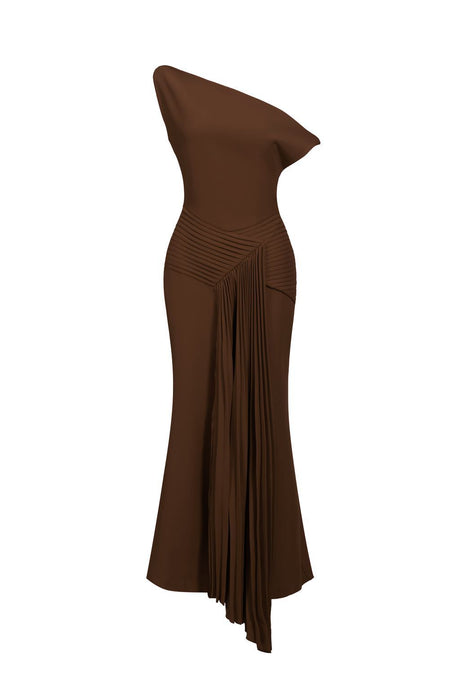 Jamie Brown Midi Dress with Oblique Shoulder and Pleated Waist Detail