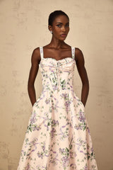 Jamie Midi Dress Pink Floral Print Shirred Calf - Length & Boned Bodice