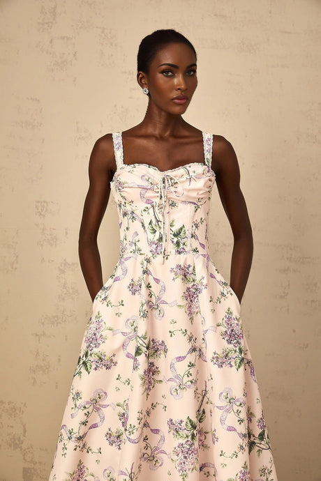 Jamie Midi Dress Pink Floral Print Shirred Calf - Length & Boned Bodice