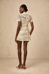 Jamie Mini Dress with Flower Embroidery and Cinched Waist