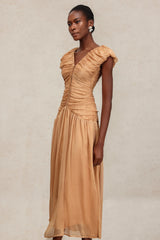 Janessa Beige Maxi Dress V-Neckline Sleeveless Ruched Detailing Cap Sleeves Lightweight Fabric Elegant