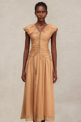 Janessa Beige Maxi Dress V-neckline Ruched Cap Sleeves Elegant Formal Lightweight Comfortable Versatile
