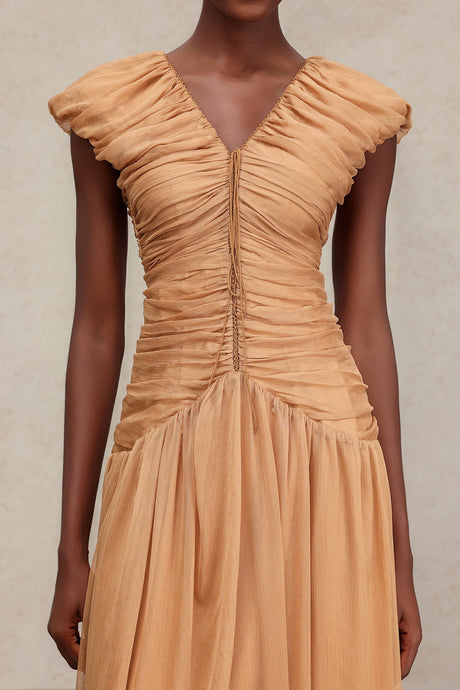 Janessa Beige Ruched V-Neck Maxi Dress Cap Sleeve Formal Elegant Comfortable Lightweight