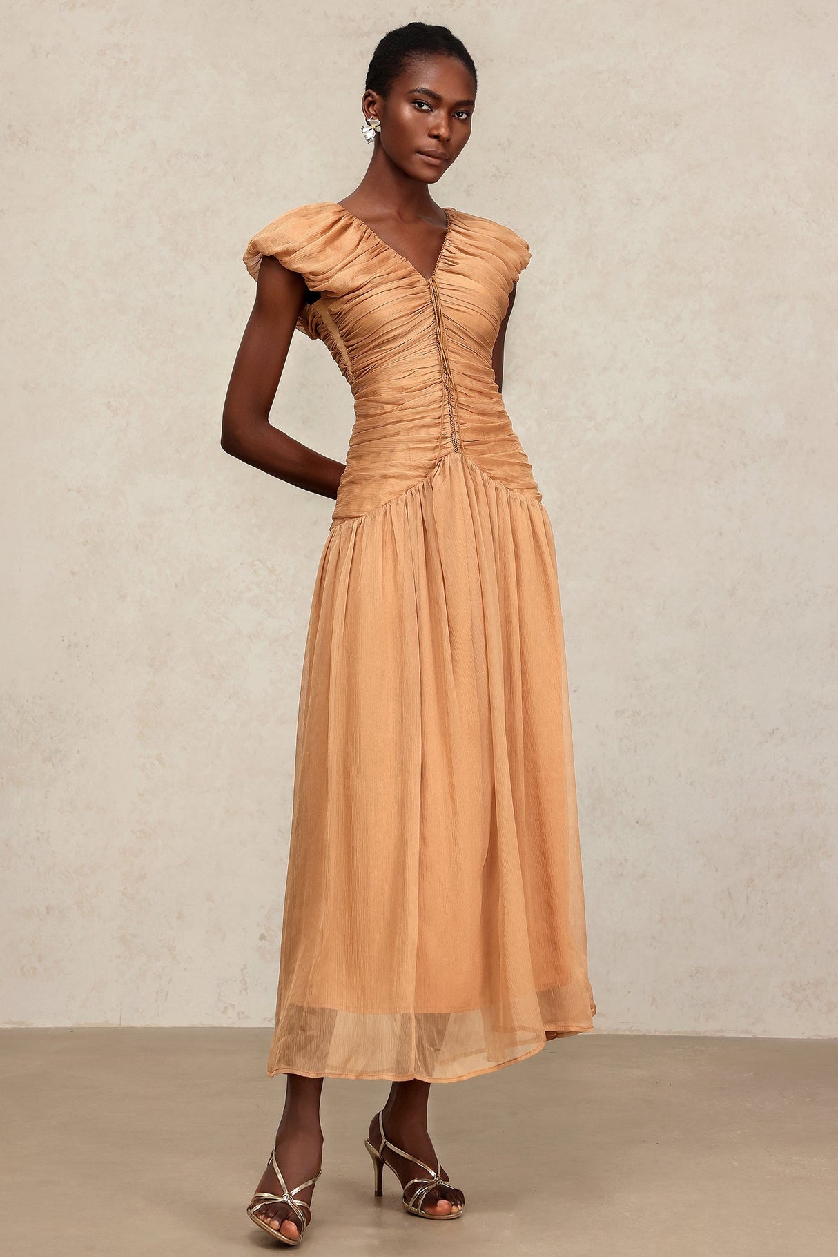 Janessa Beige Ruched V-Neck Maxi Dress Cap Sleeve Formal Elegant Sophisticated Lightweight Comfortable Versatile
