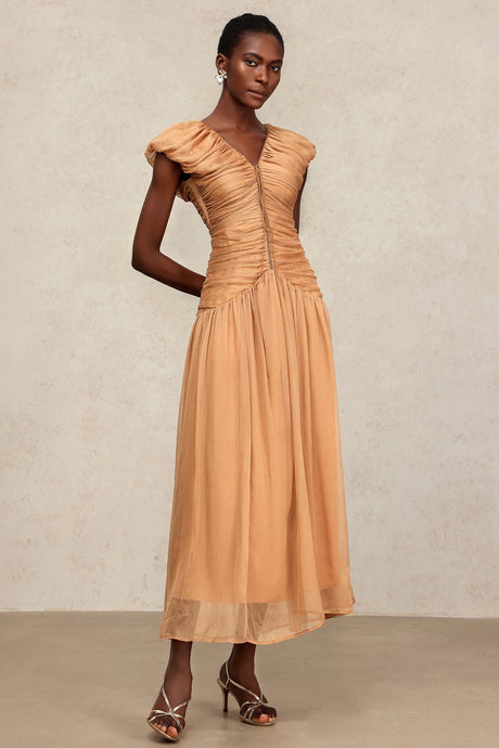 Janessa Beige Ruched V-Neck Maxi Dress Cap Sleeve Formal Elegant Sophisticated Lightweight Comfortable Versatile