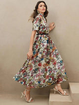 Jasmine Midi Dress - Notched Neckline - Flared Hem - High Waist - Boho Style - Floral Print