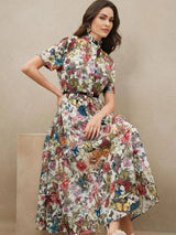 Jasmine Midi Dress - Notched Neckline - Flared Hem - High Waist - Boho Style - Floral Print