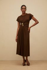 Jasmine Midi Dress - Round Neck - Cap Sleeves - Fitted Waistline - Gathered Detailing