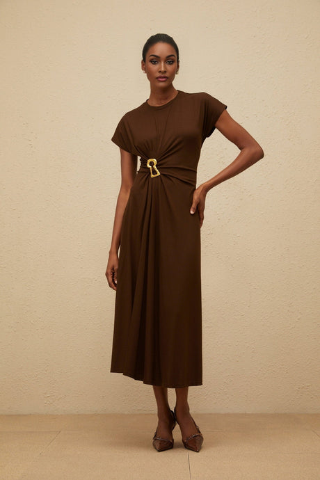 Jasmine Midi Dress - Round Neck - Cap Sleeves - Fitted Waistline - Gathered Detailing