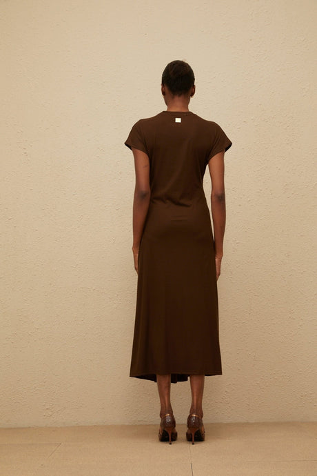 Jasmine Midi Dress - Round Neck - Cap Sleeves - Fitted Waistline - Gathered Detailing