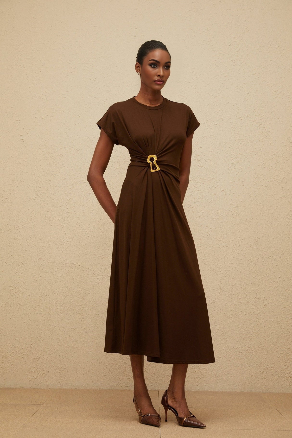 Jasmine Midi Dress - Round Neck - Cap Sleeves - Fitted Waistline - Gathered Detailing