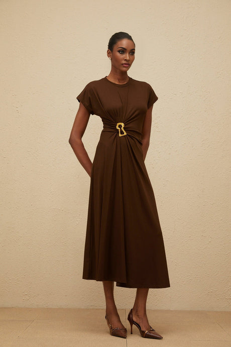 Jasmine Midi Dress - Round Neck - Cap Sleeves - Fitted Waistline - Gathered Detailing