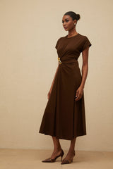 Jasmine Midi Dress - Round Neck - Cap Sleeves - Fitted Waistline - Gathered Detailing