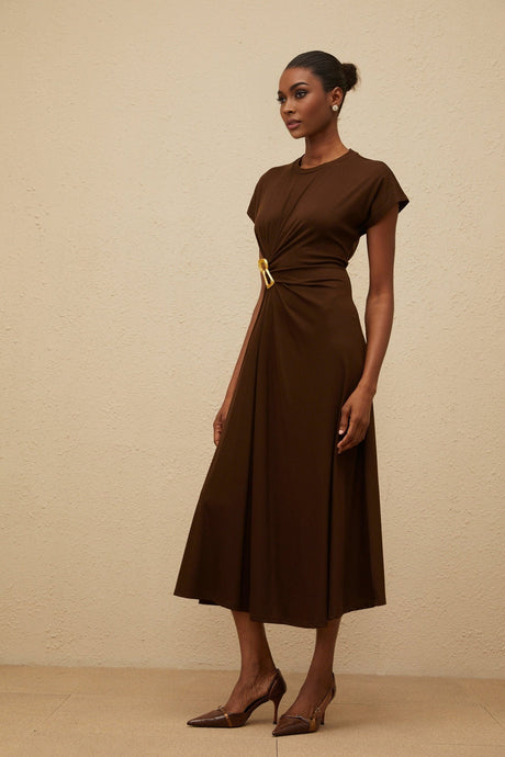 Jasmine Midi Dress - Round Neck - Cap Sleeves - Fitted Waistline - Gathered Detailing