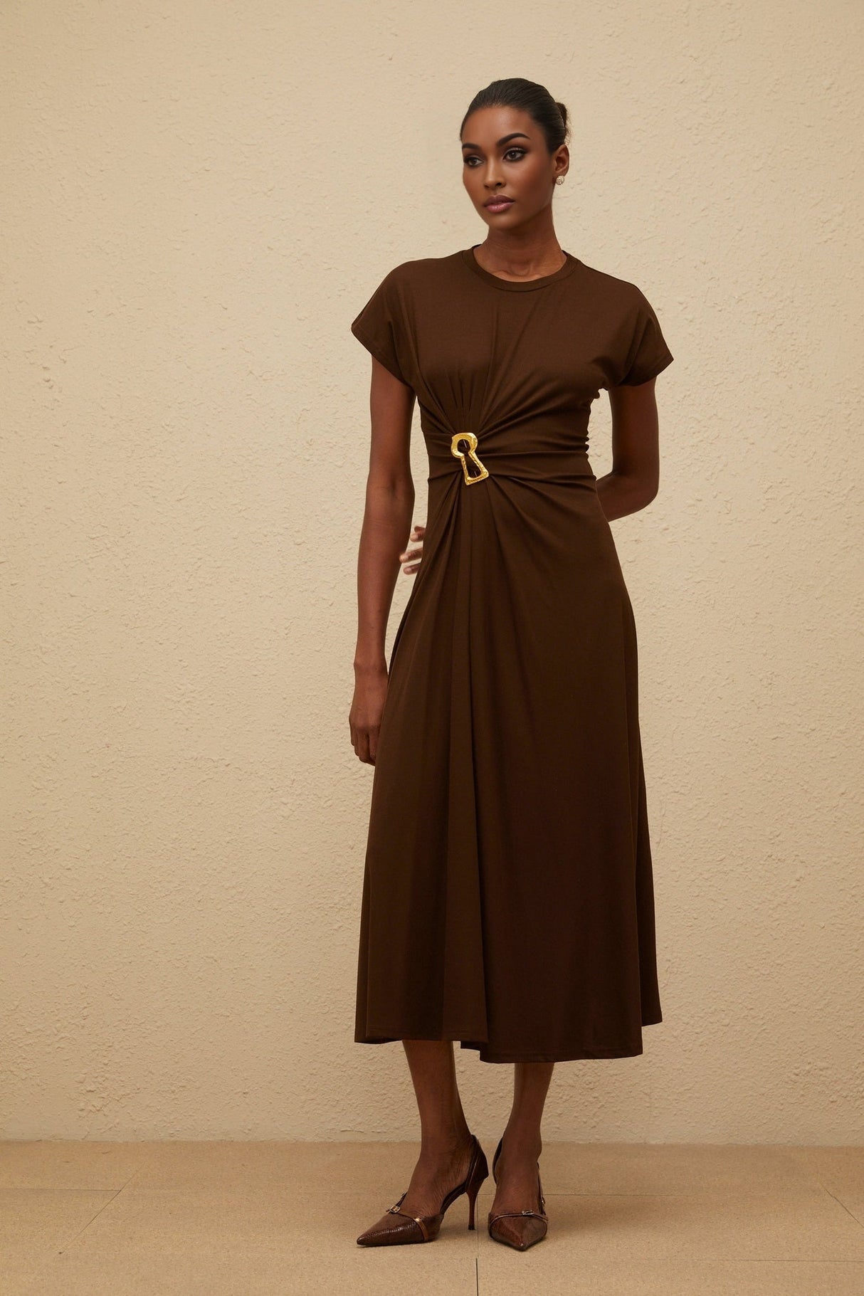 Jasmine Midi Dress - Round Neck - Cap Sleeves - Fitted Waistline - Gathered Detailing
