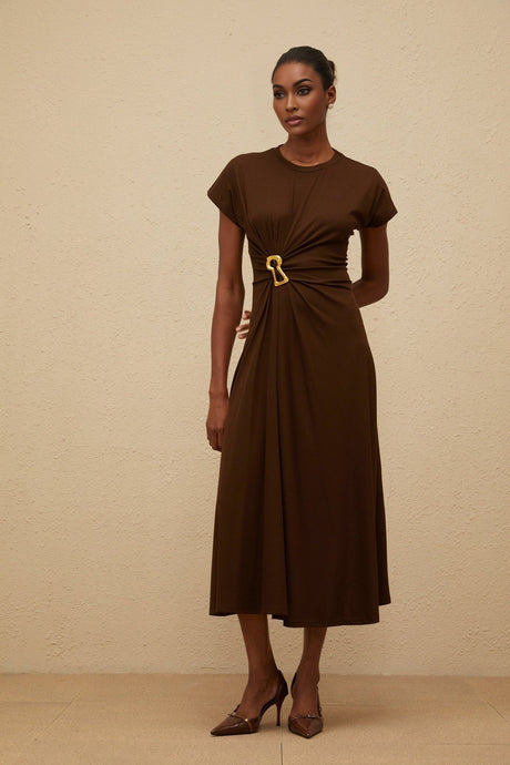 Jasmine Midi Dress - Round Neck - Cap Sleeves - Fitted Waistline - Gathered Detailing