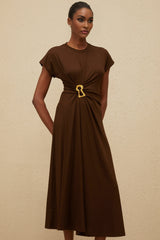 Jasmine Midi Dress - Round Neck - Cap Sleeves - Fitted Waistline - Gathered Detailing