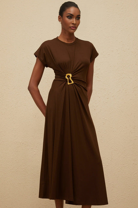 Jasmine Midi Dress - Round Neck - Cap Sleeves - Fitted Waistline - Gathered Detailing