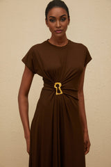 Jasmine Midi Dress - Round Neck - Cap Sleeves - Fitted Waistline - Gathered Detailing
