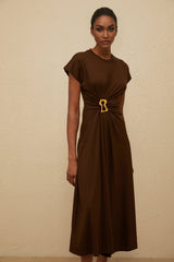 Jasmine Midi Dress - Round Neck - Cap Sleeves - Fitted Waistline - Gathered Detailing