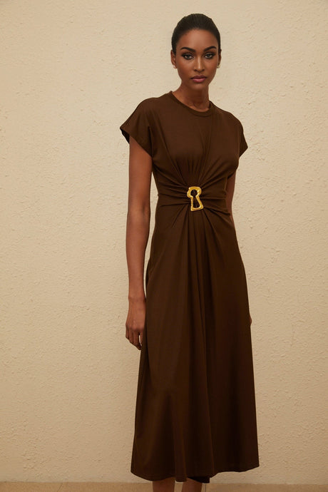 Jasmine Midi Dress - Round Neck - Cap Sleeves - Fitted Waistline - Gathered Detailing