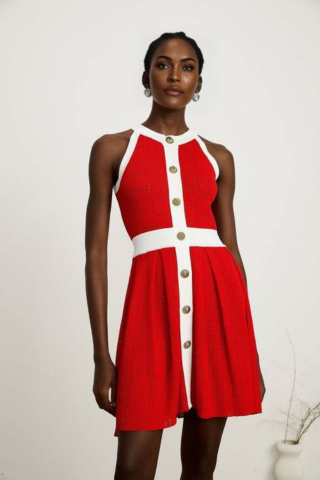 Jasmine red contrasttrim sleeveless knit mini dress