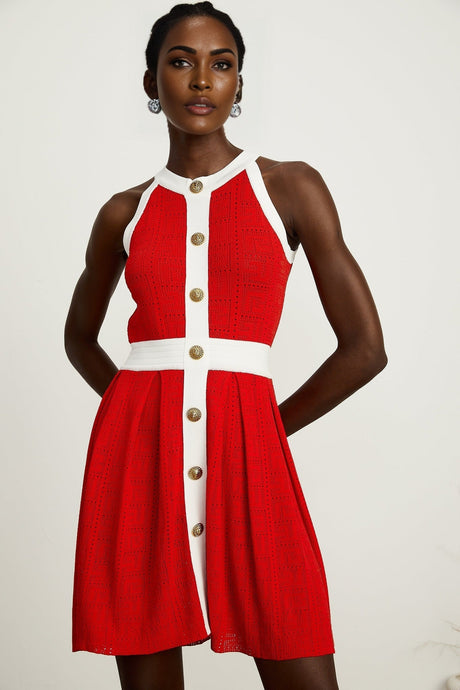 Jasmine red contrasttrim sleeveless knit mini dress
