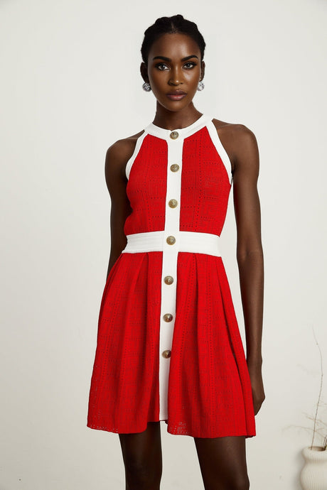 Jasmine red contrasttrim sleeveless knit mini dress