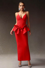 Jasmine Red Deep V Falbala Waist Dress