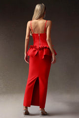 Jasmine Red Deep-V Falbala Waist Backless Dress