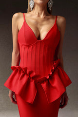 Jasmine Red Evening Dress with Deep-V Neckline and Falbala Detailing
