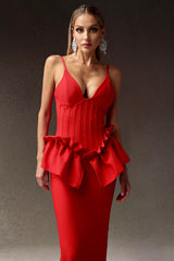 Jasmine Red Falbala Waist Deep-V Backless Evening Dress