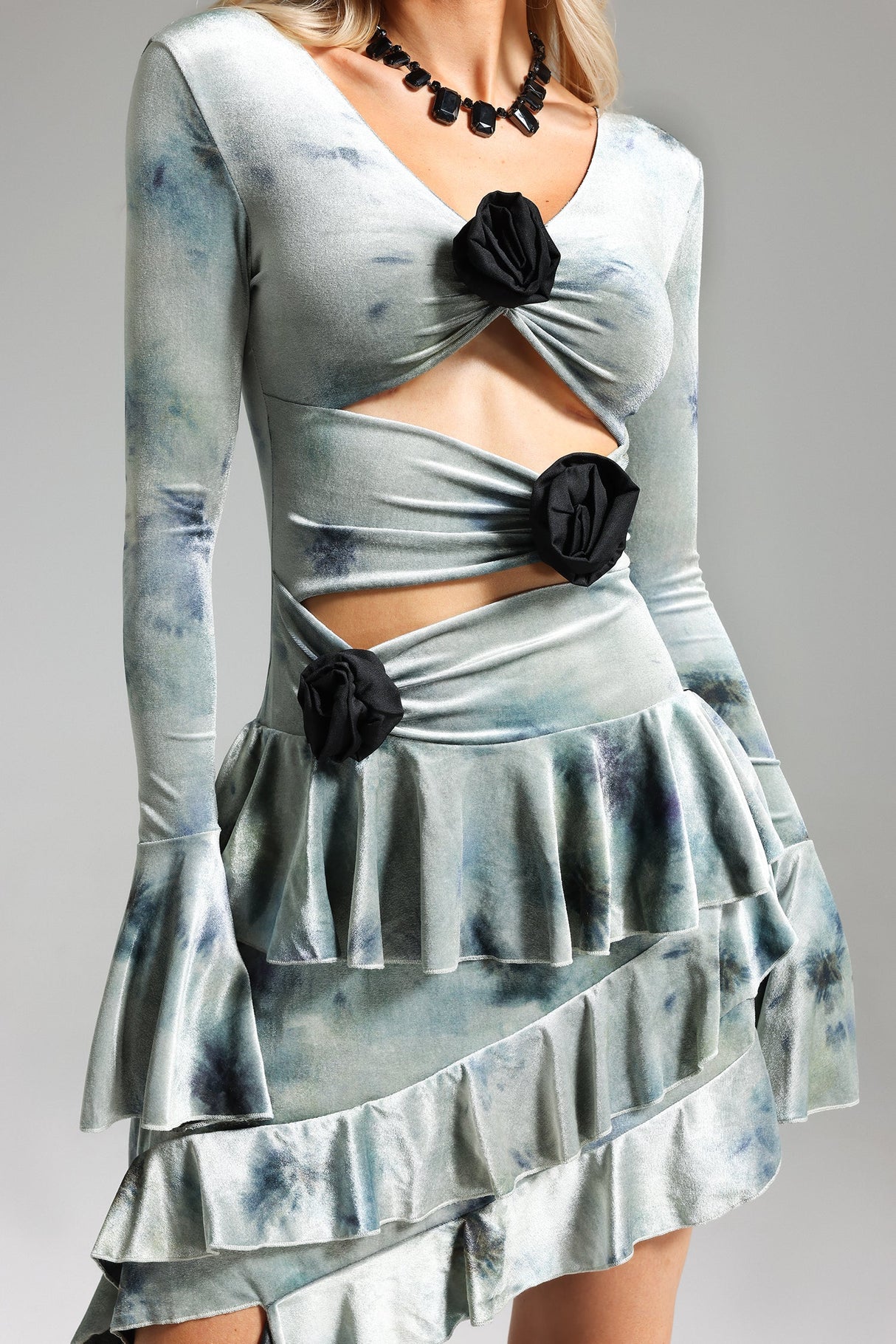 Jayla Green Tie-Dye Floral Detail Ruffled Hemline Long Sleeve Dress