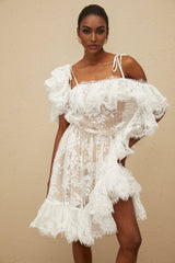 Jazlyn One Shoulder Mini Dress - Floral Lace - Ruffled Detailing - Asymmetrical Design - Lined - Slip - On Style