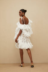 Jazlyn One Shoulder Mini Dress - Floral Lace - Ruffled Detailing - Asymmetrical Design - Lined - Slip - On Style