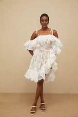 Jazlyn One Shoulder Mini Dress - Floral Lace - Ruffled Detailing - Asymmetrical Design - Lined - Slip - On Style