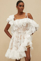 Jazlyn One Shoulder Mini Dress - Floral Lace - Ruffled Detailing - Asymmetrical Design - Lined - Slip - On Style