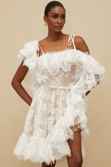 Jazlyn One Shoulder Mini Dress - Floral Lace - Ruffled Detailing - Asymmetrical Design - Lined - Slip - On Style