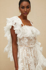 Jazlyn One Shoulder Mini Dress - Floral Lace - Ruffled Detailing - Asymmetrical Design - Lined - Slip - On Style