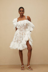 Jazlyn One Shoulder Mini Dress - Floral Lace - Ruffled Detailing - Asymmetrical Design - Lined - Slip - On Style